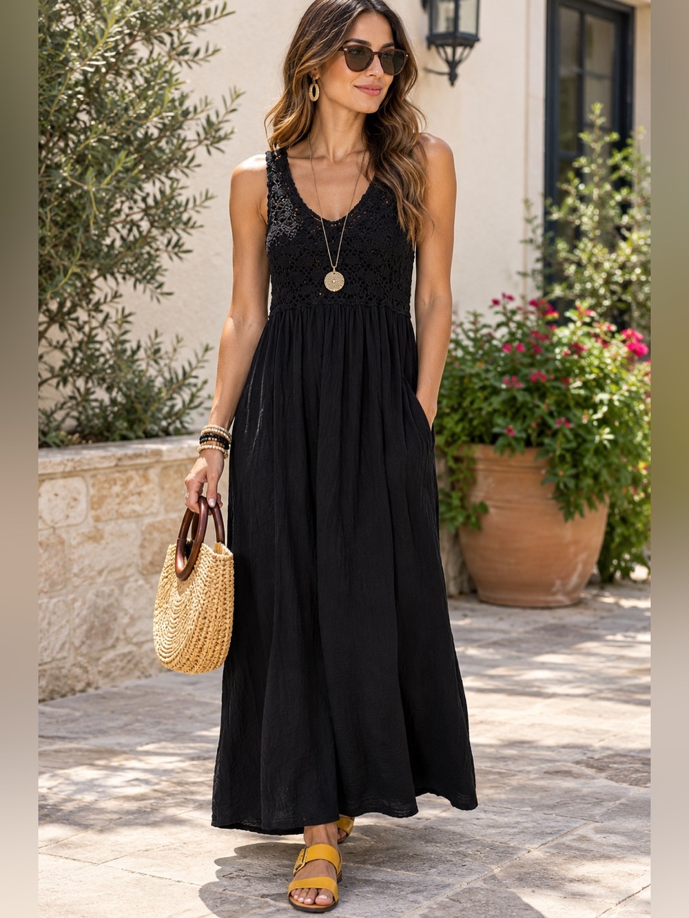 Black Crochet Bodice Maxi Dress with Pockets - Women